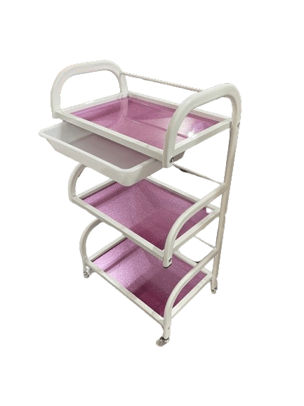 Stylish glass and metal salon tools table, rose color