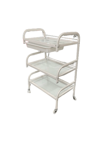 Stylish glass and metal salon tools table, white color