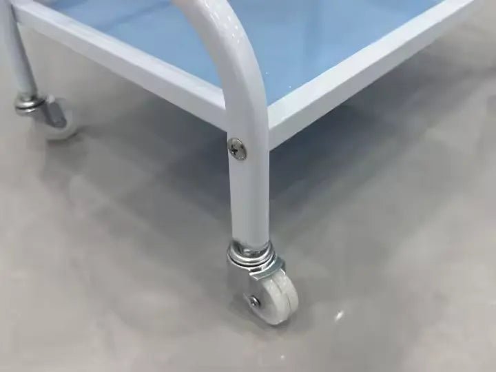 Stylish glass and metal salon tools table, blue color