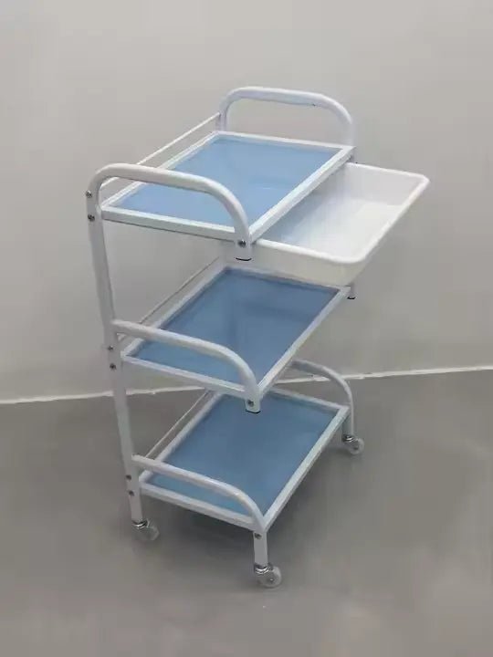 Stylish glass and metal salon tools table, blue color