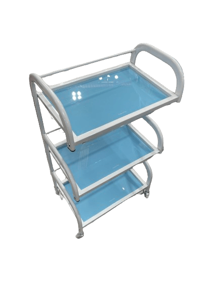 Stylish glass and metal salon tools table, blue color