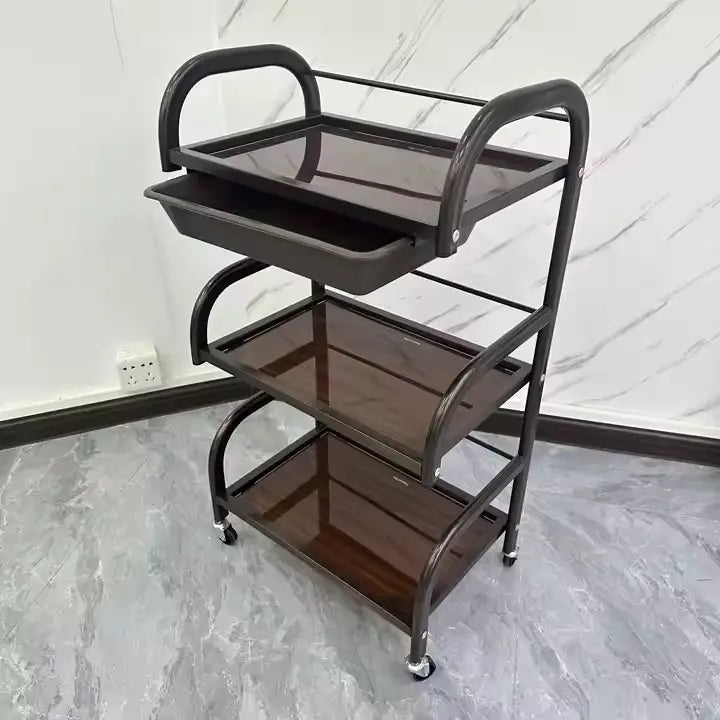 Stylish glass and metal salon tools table, brown color